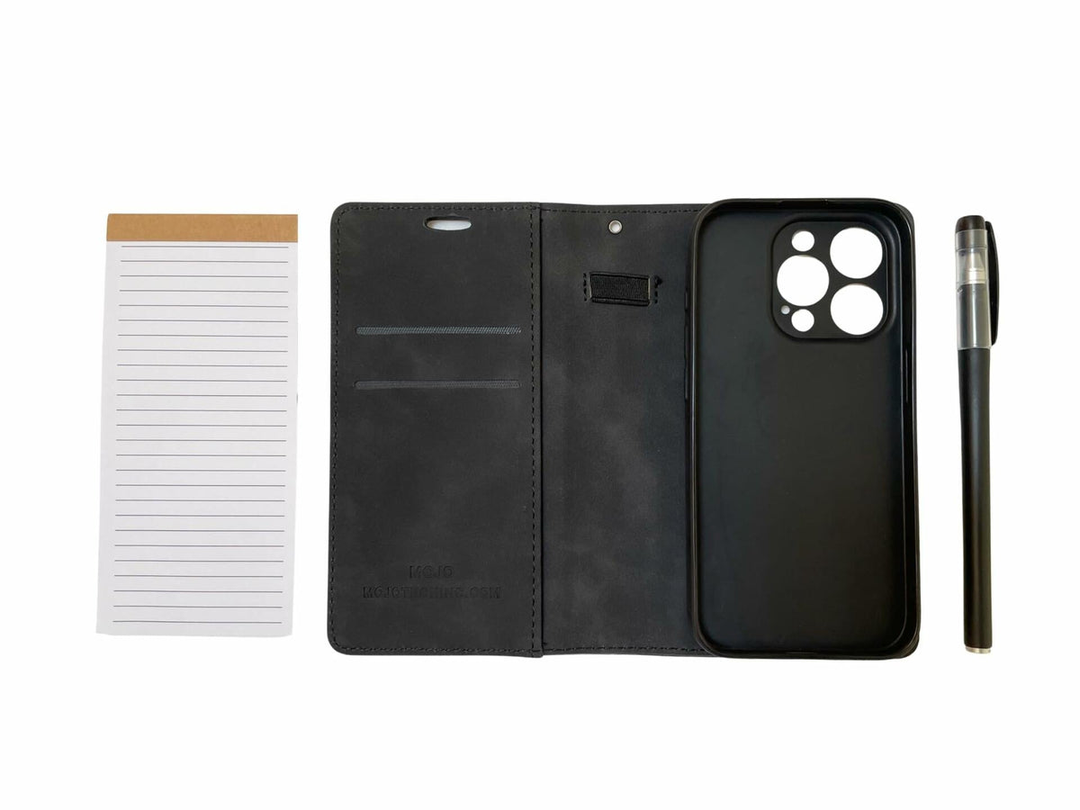 Funda tipo billetera para iPhone 13 Pro MOJO-HOME con bloc de notas y bolígrafo, color negro