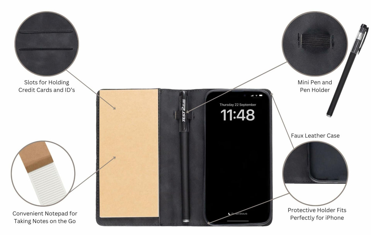 Funda tipo billetera para iPhone 13 Pro MOJO-HOME con bloc de notas y bolígrafo, color negro
