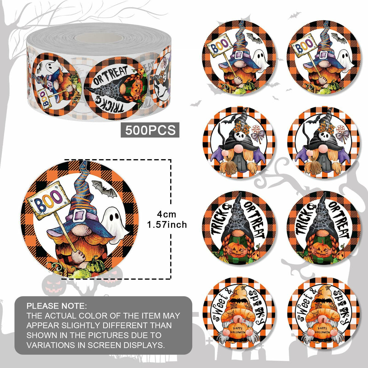 Rollo de 500 pegatinas de Halloween ZAEW, 1.5" pulgadas, calcomanías redondas de gnomos de colores
