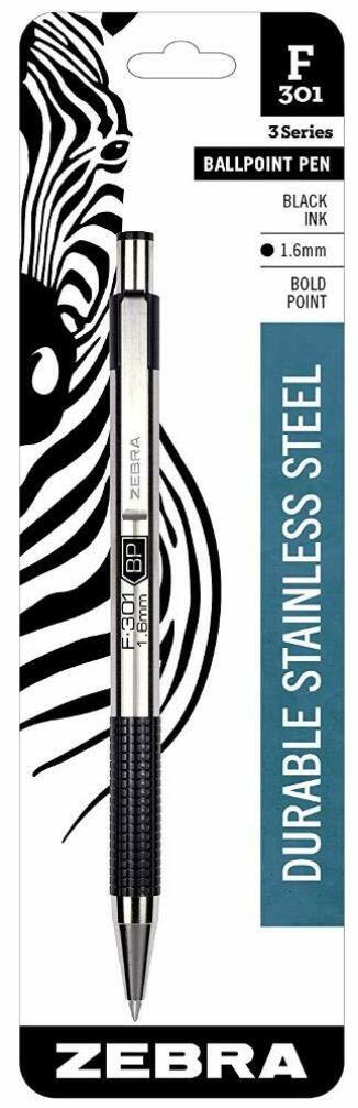 Bolígrafo retráctil Zebra Pen F-301 Bold, punta de 1.6 mm, acero inoxidable, 1 unidad, tinta negra