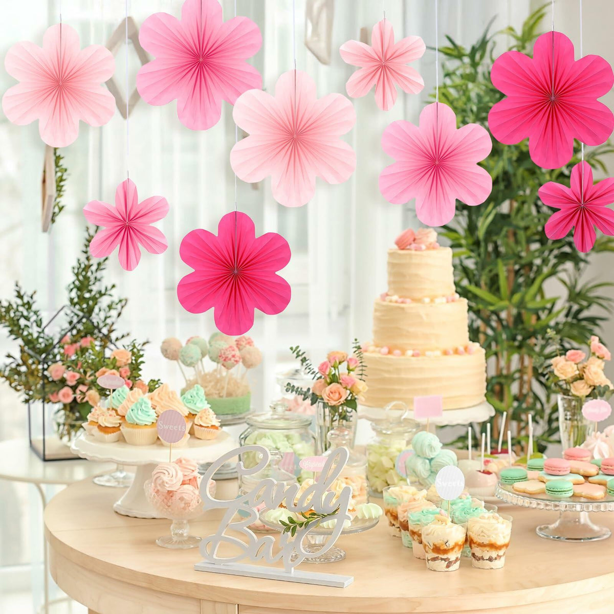 Juego de 9 decoraciones colgantes para fiestas Telooco: abanicos y flores de papel color rosa