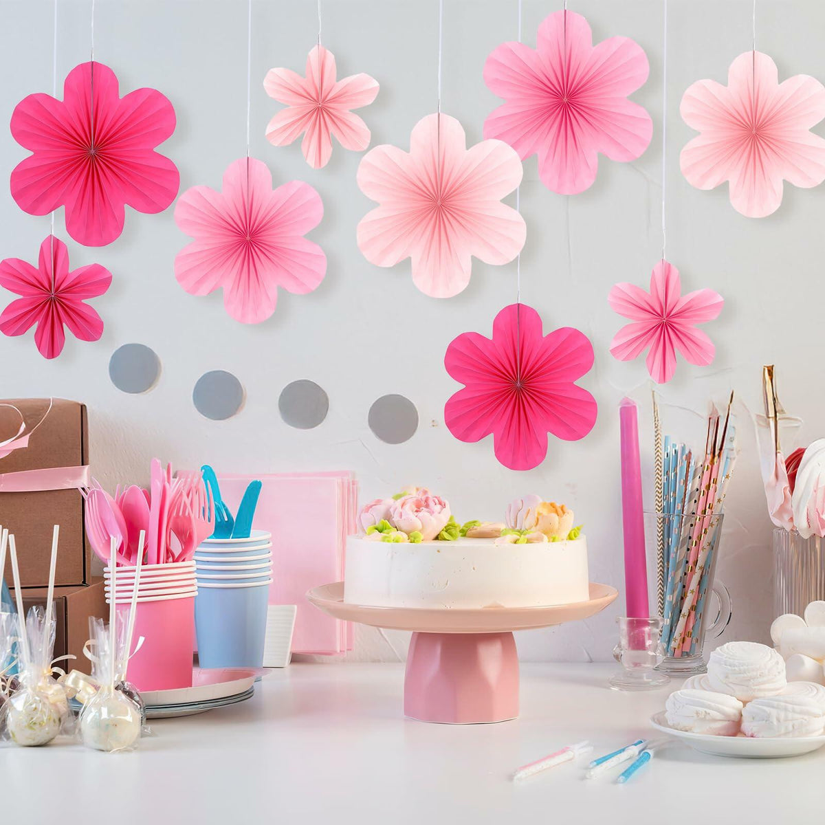 Juego de 9 decoraciones colgantes para fiestas Telooco: abanicos y flores de papel color rosa