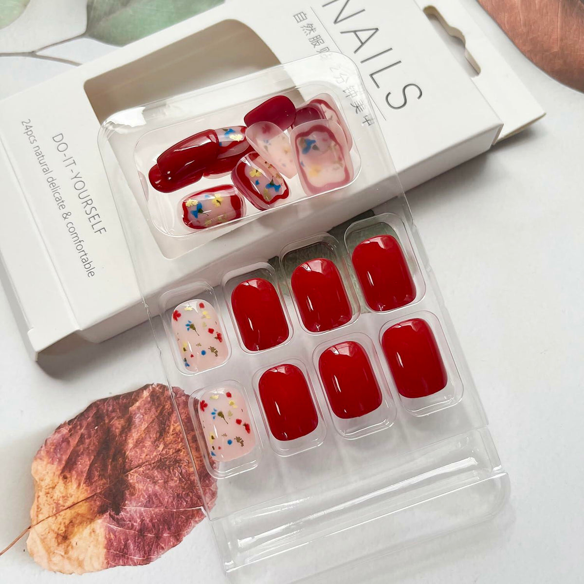 LYLYNB Set de 24 uñas postizas cuadradas, diseño floral rojo vino, acabado brillante, cobertura completa