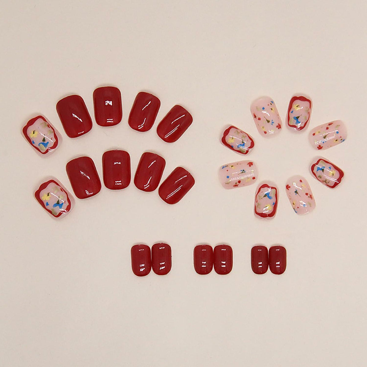 LYLYNB Set de 24 uñas postizas cuadradas, diseño floral rojo vino, acabado brillante, cobertura completa