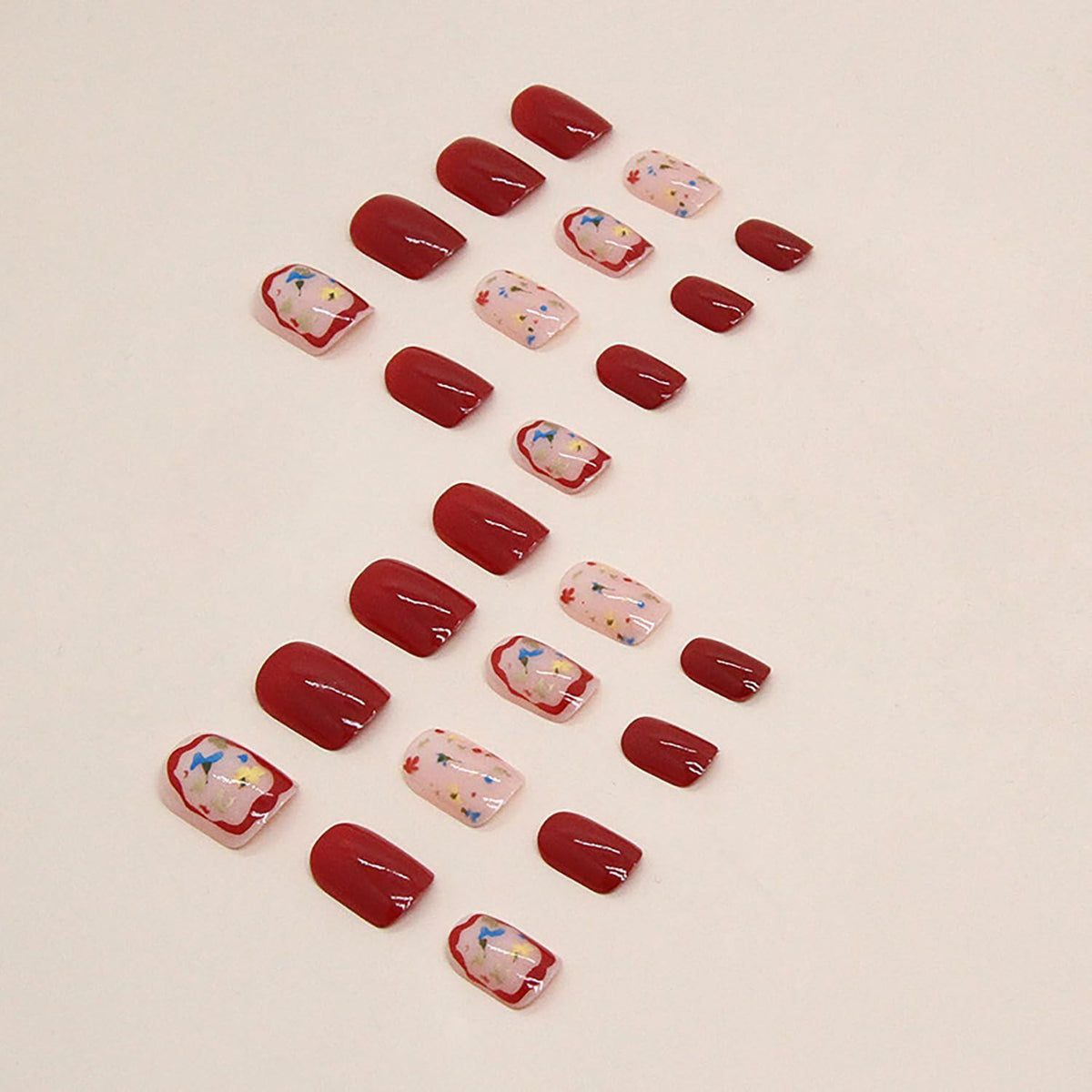 LYLYNB Set de 24 uñas postizas cuadradas, diseño floral rojo vino, acabado brillante, cobertura completa