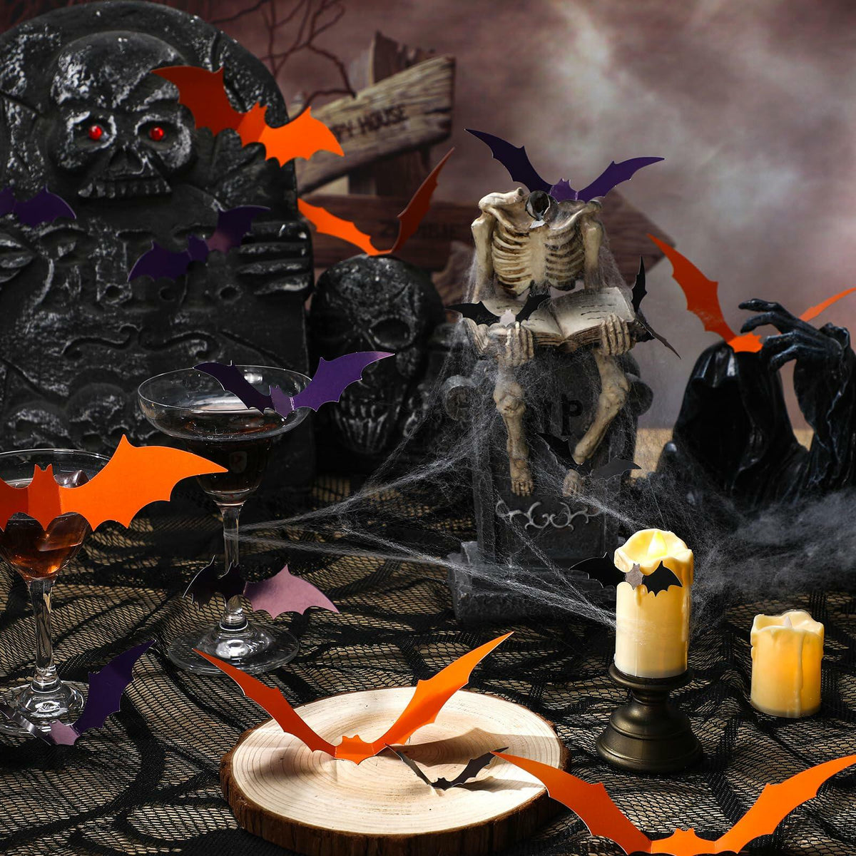 Maitys, 36 piezas de adornos de pared de papel con forma de murciélago para Halloween