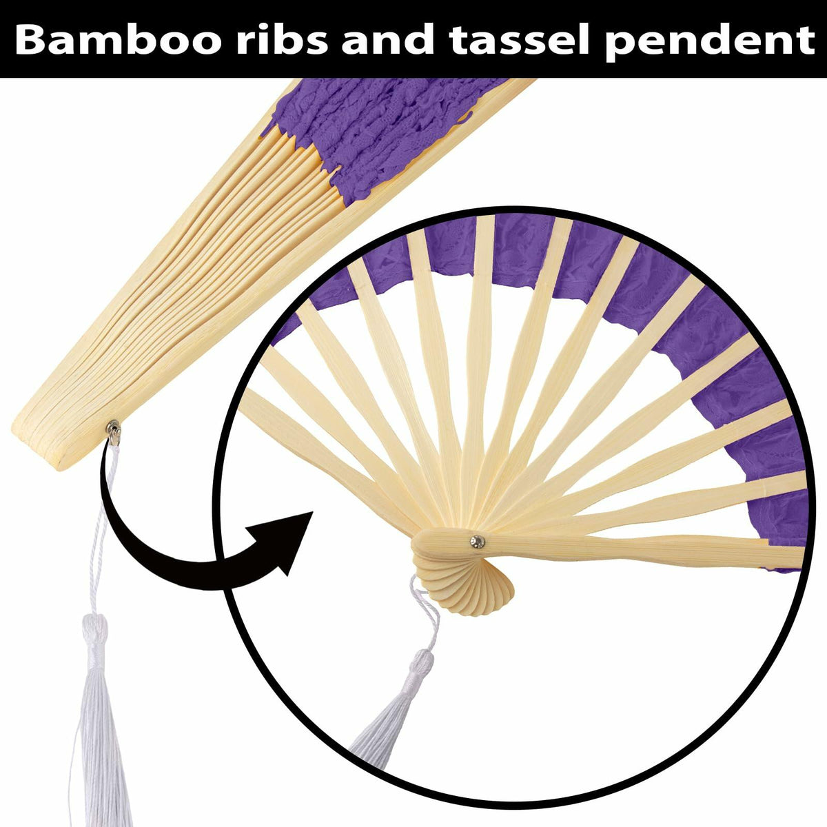 Abanico plegable de encaje azul oscuro TopTie con varillas de bambú y borla