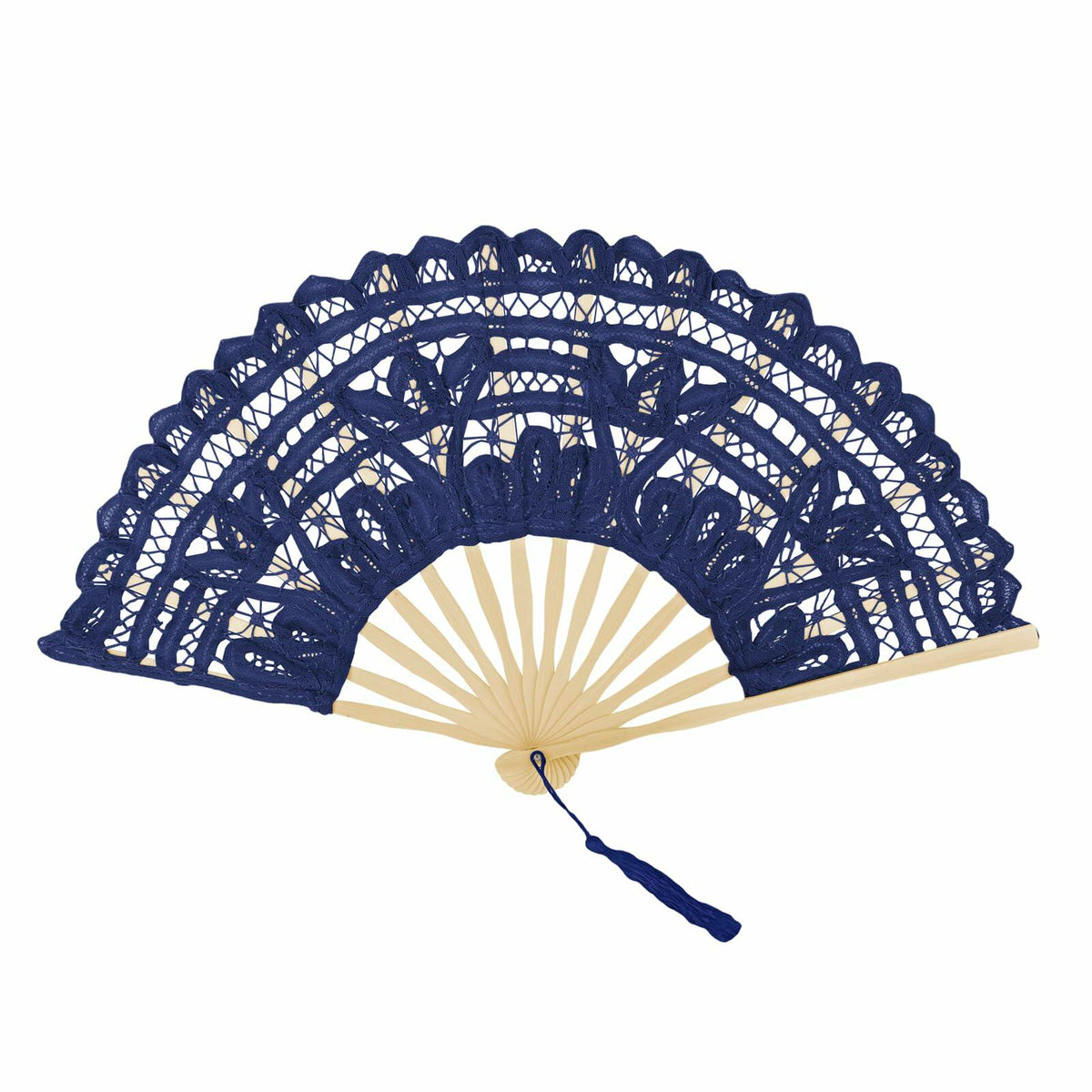 Abanico plegable de encaje azul oscuro TopTie con varillas de bambú y borla