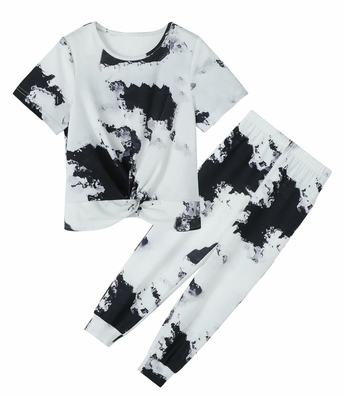 Conjunto Hvididan de top con frente retorcido y pantalones deportivos, diseño tie-dye, color blanco y negro, talla 9-10 años