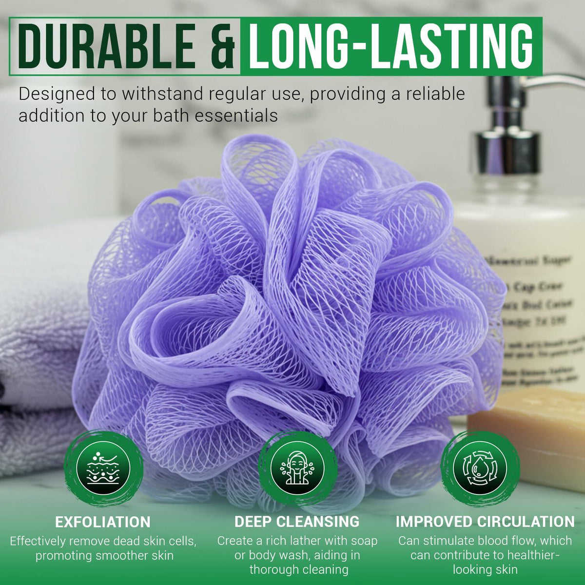 Esponja de baño exfoliante Rail de 70 g, malla tipo puf para cuerpo, color blanco