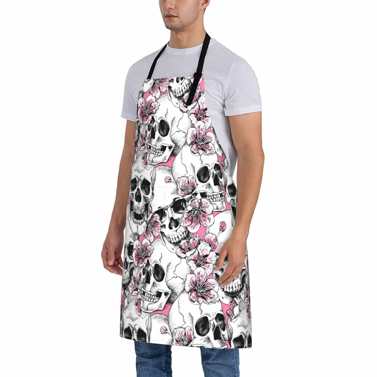 Delantal de cocina Fenmshairy con diseño de calavera de azúcar y flores, cuello ajustable, 2 bolsillos, talla única