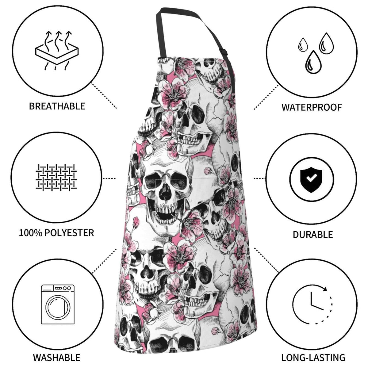 Delantal de cocina Fenmshairy con diseño de calavera de azúcar y flores, cuello ajustable, 2 bolsillos, talla única