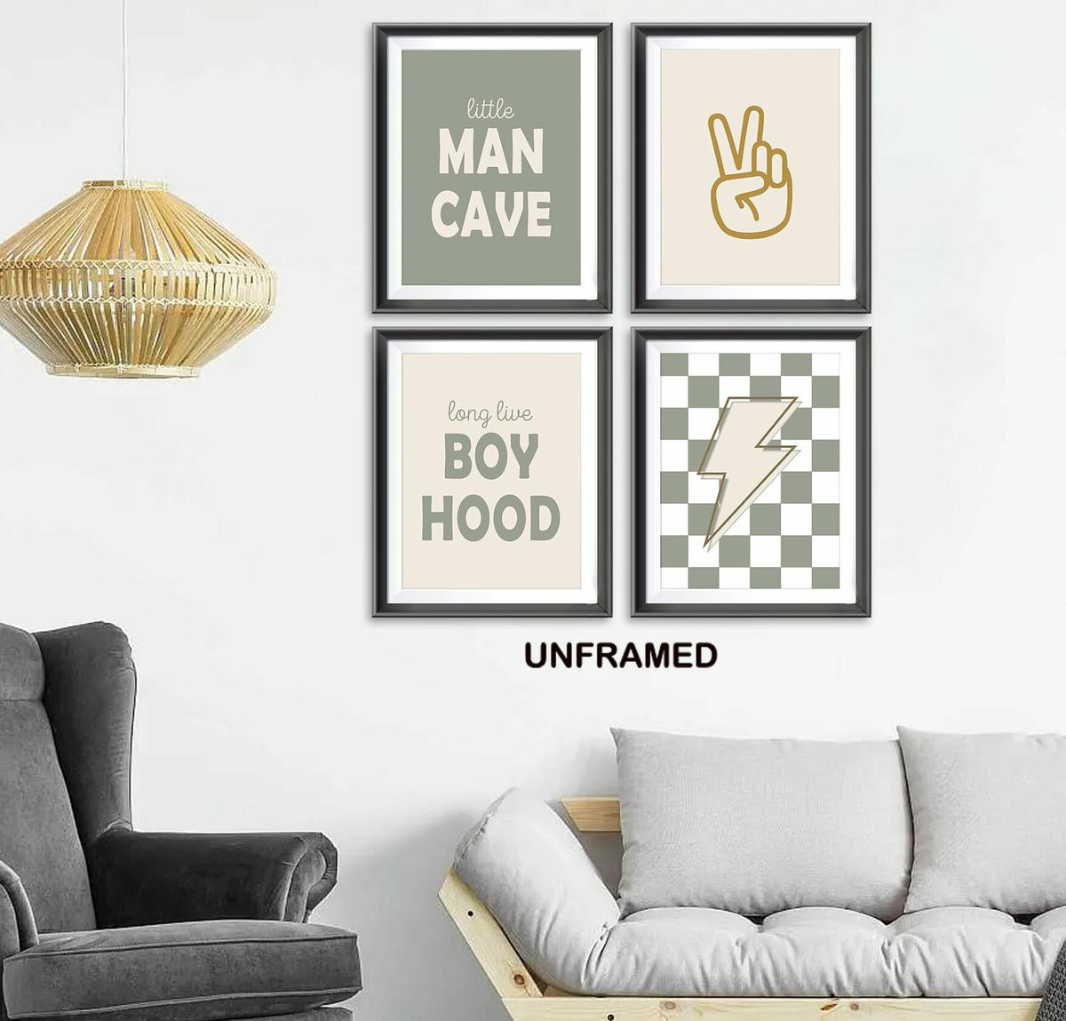 AEHIE Little Man Cave Retro Cuadros Rayo Signo de la paz 8x10 pulgadas 4 piezas Verde