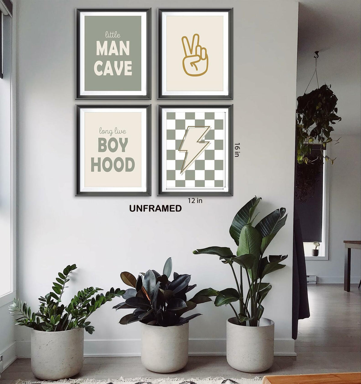 AEHIE Little Man Cave Retro Cuadros Rayo Signo de la paz 8x10 pulgadas 4 piezas Verde