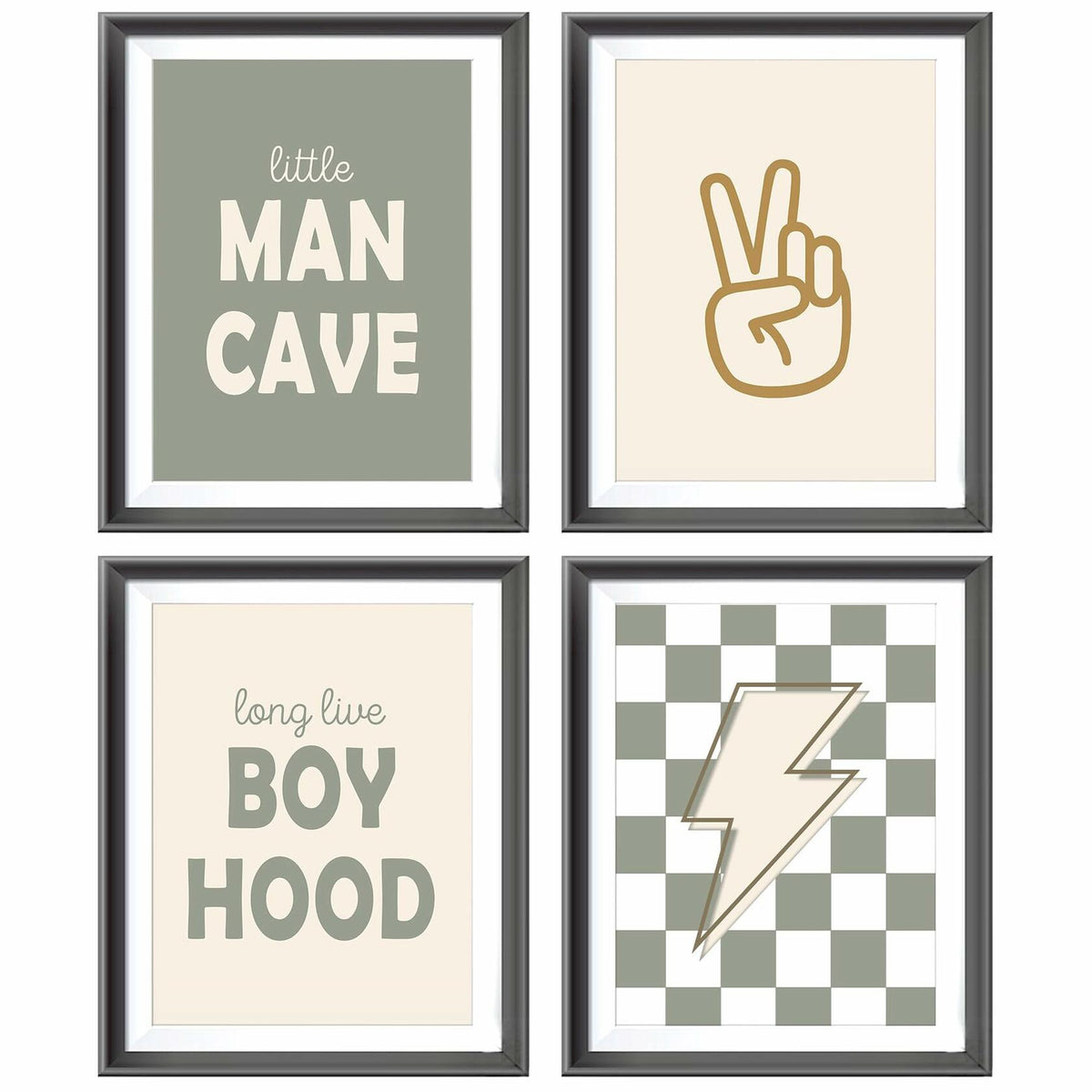 AEHIE Little Man Cave Retro Cuadros Rayo Signo de la paz 8x10 pulgadas 4 piezas Verde