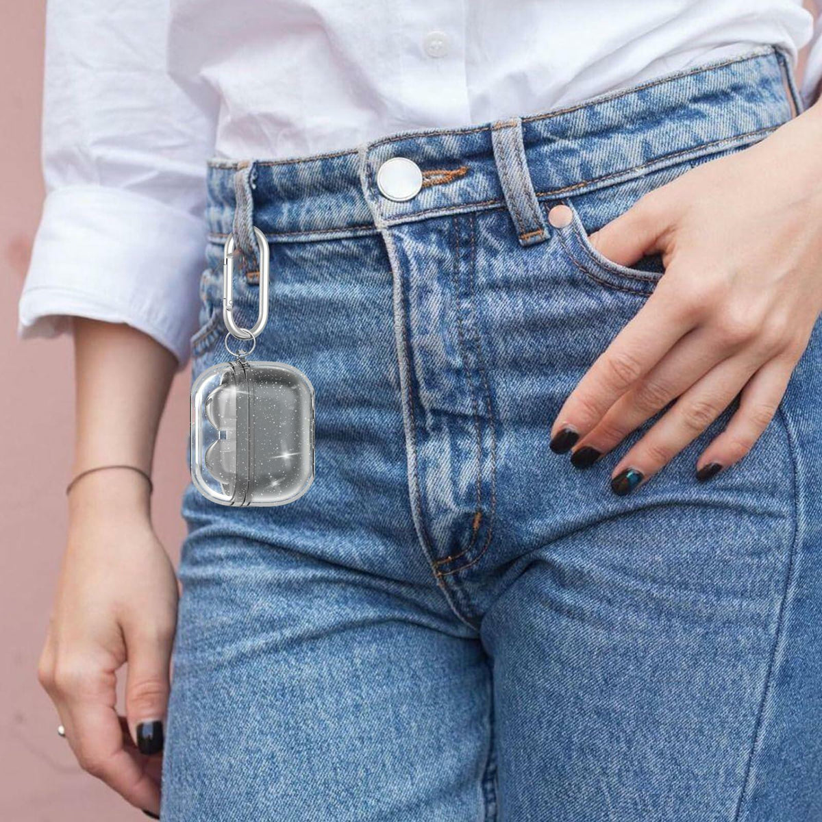 Funda protectora de silicona transparente con brillantina para Galaxy Buds 3 Pro, incluye llavero, de OFELUMTIZE
