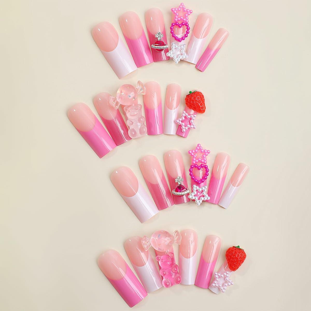 YEFIUO Uñas postizas rosas, set de 24 piezas de acrílico de cobertura completa, forma cuadrada larga