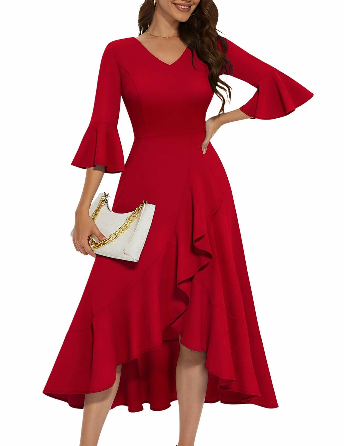 Vestido formal elegante con bajo de volantes HomRain, color rojo, talla 3XL