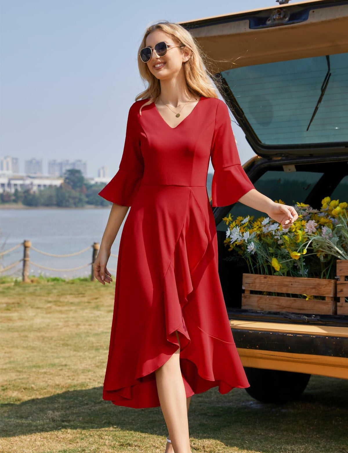 Vestido formal elegante con bajo de volantes HomRain, color rojo, talla 3XL
