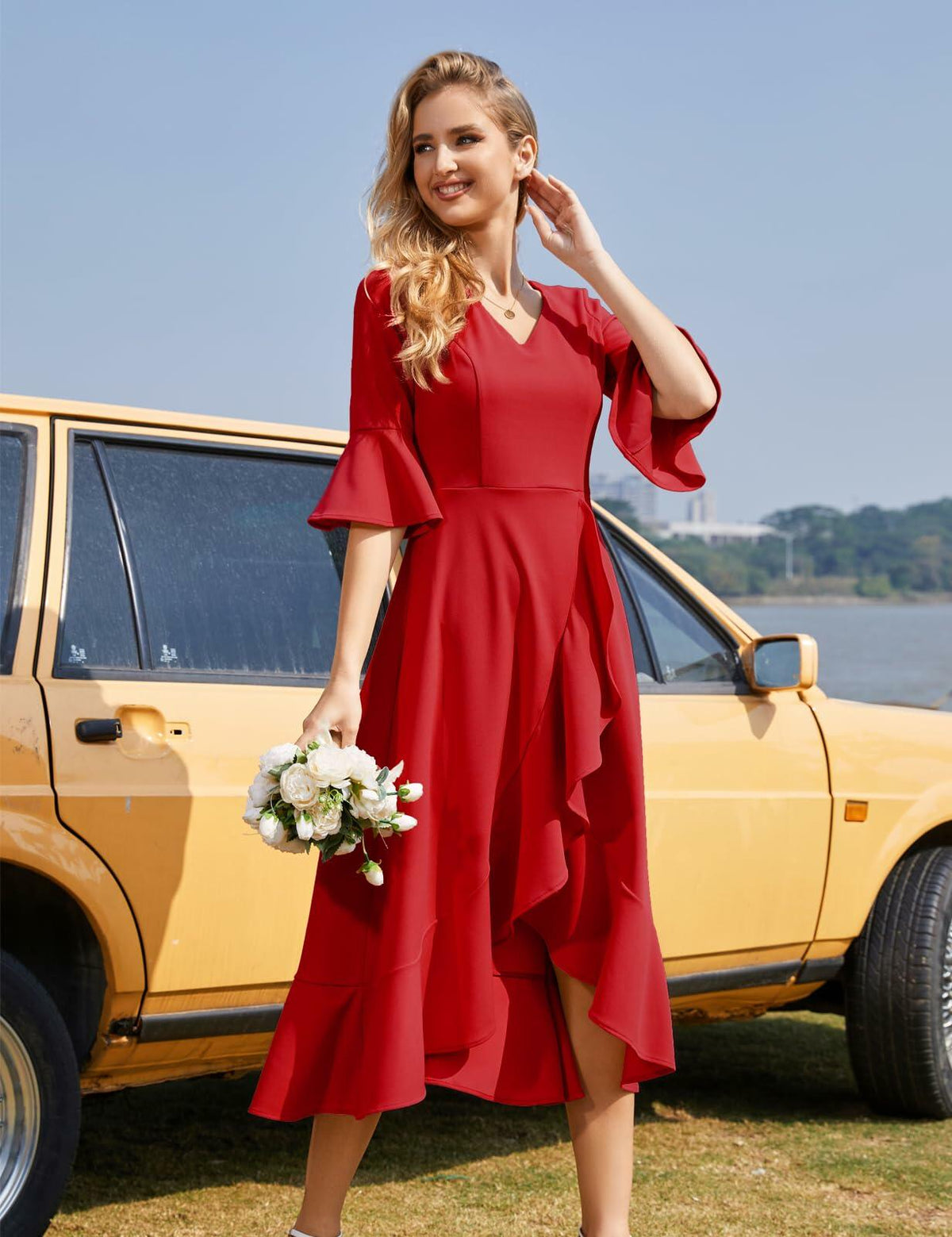 Vestido formal elegante con bajo de volantes HomRain, color rojo, talla 3XL