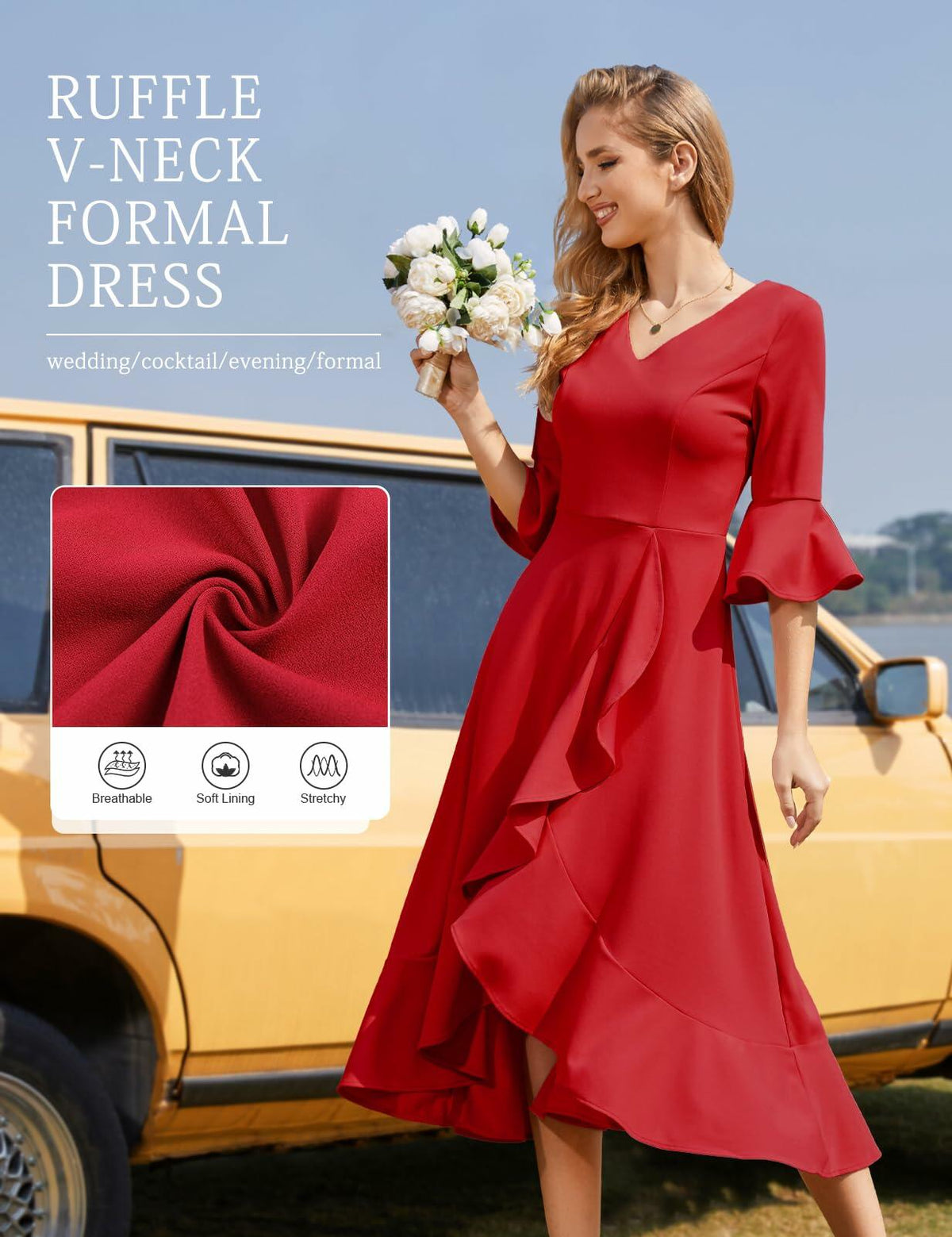 Vestido formal elegante con bajo de volantes HomRain, color rojo, talla 3XL