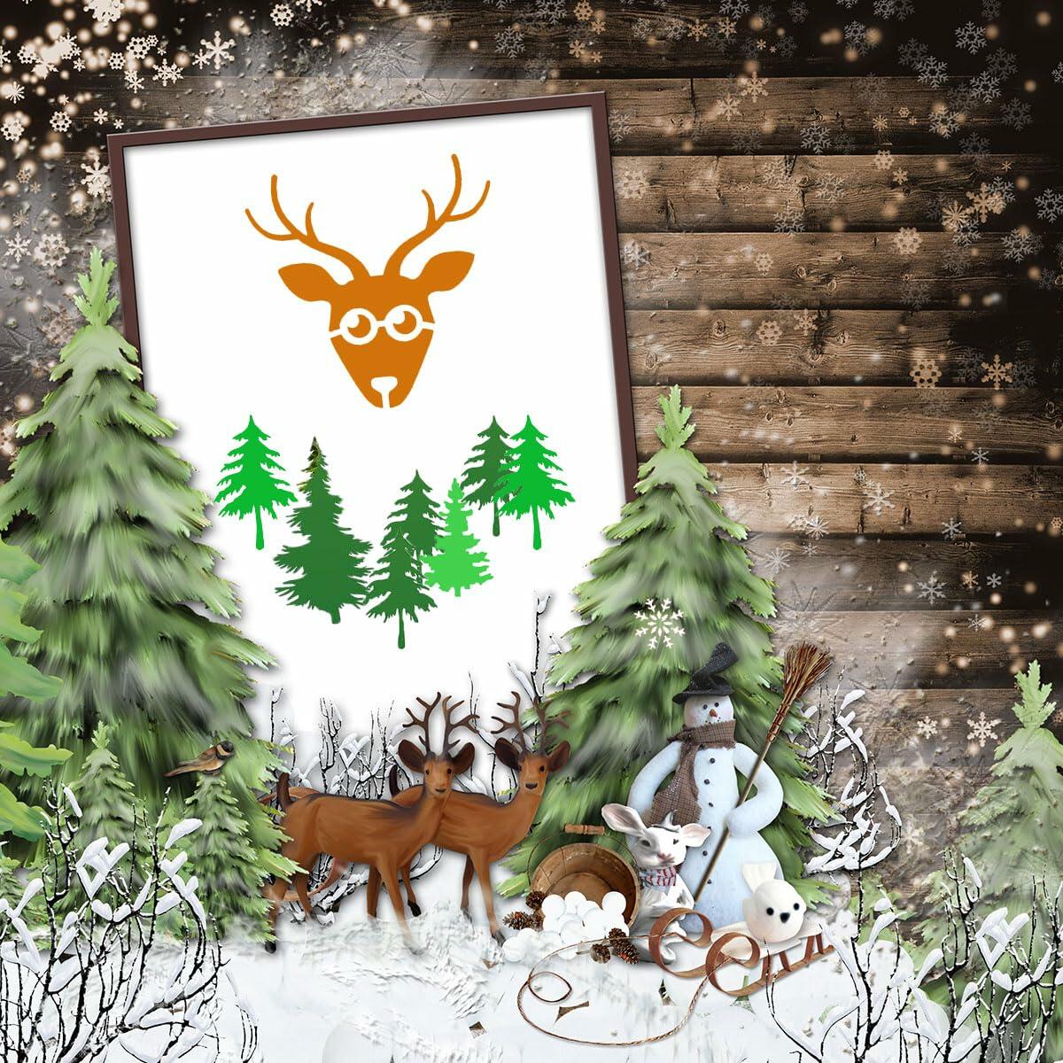 Plantillas navideñas Suartus, 16 piezas, con diseños de pinos, copos de nieve, alces y Santa Claus, reutilizables
