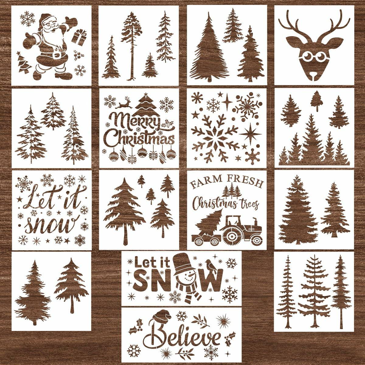 Plantillas navideñas Suartus, 16 piezas, con diseños de pinos, copos de nieve, alces y Santa Claus, reutilizables