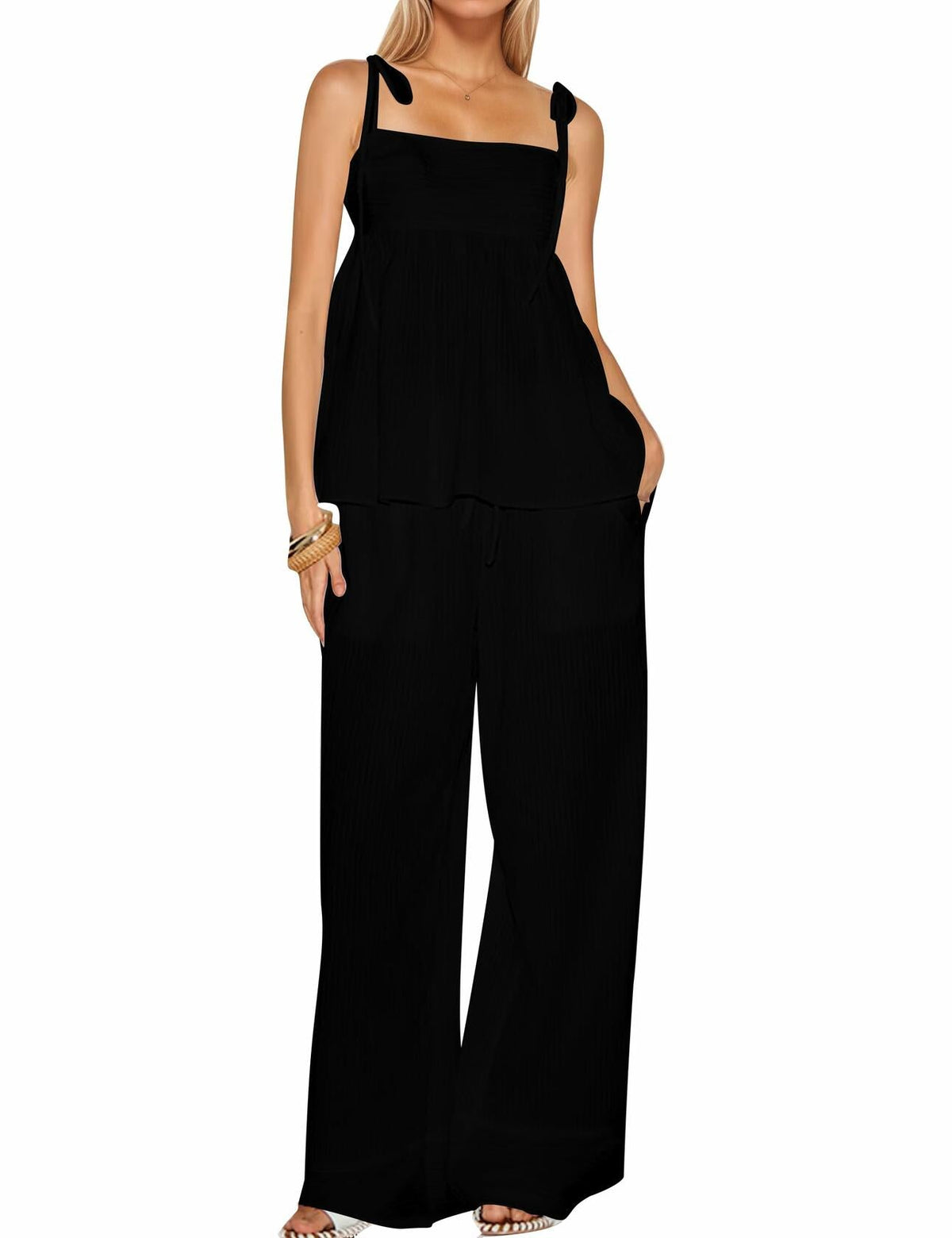 Conjunto de dos piezas a rayas para mujer ICOBID, top de tirantes y pantalones, talla M