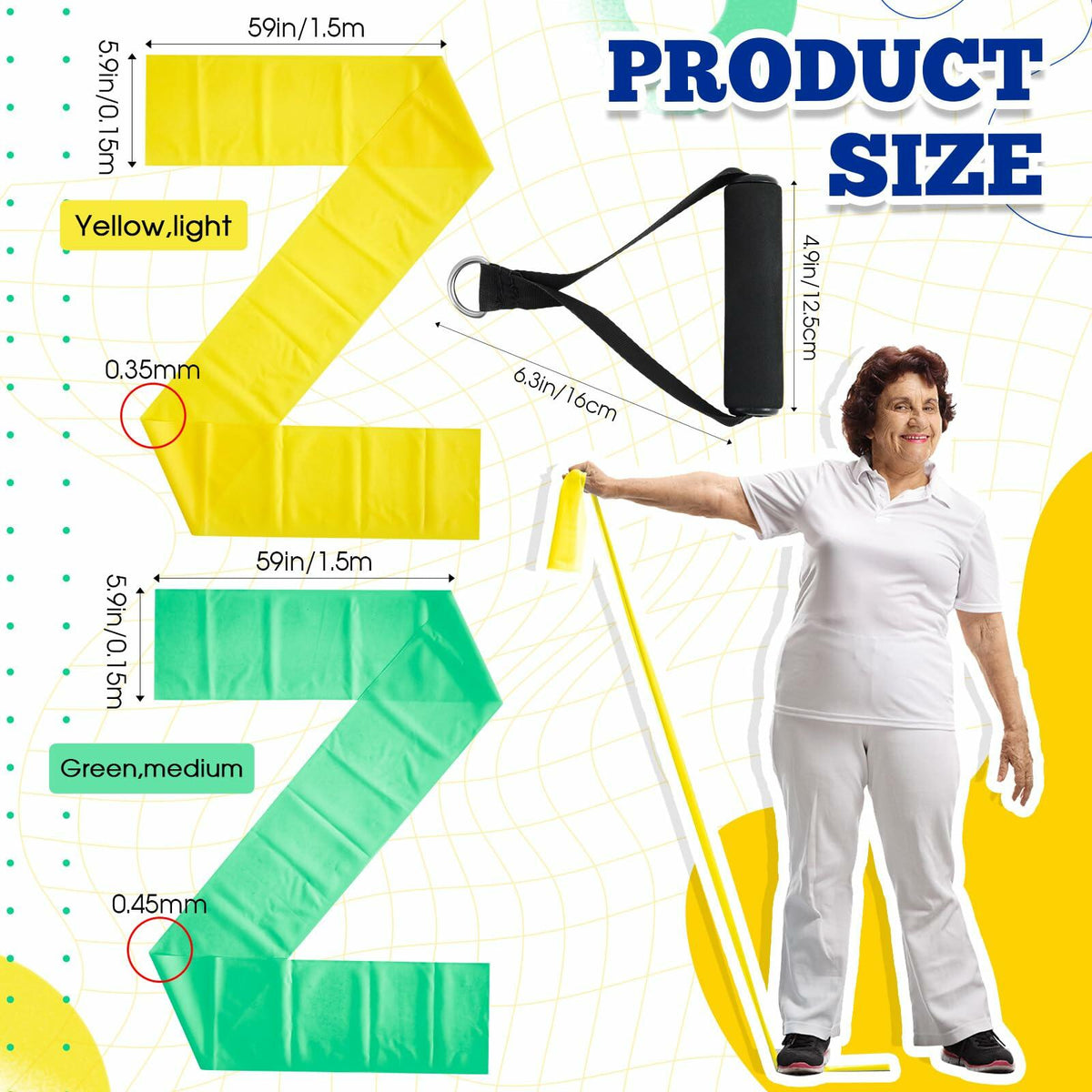 Relaxgiant 2 bandas de resistencia con agarres para ejercicio en silla, amarillo y verde