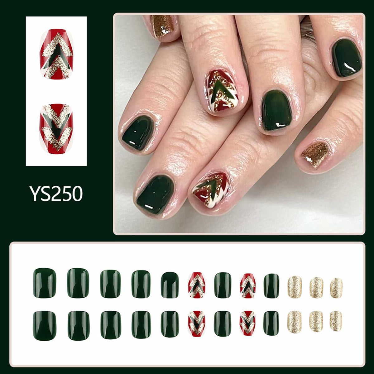 WLGDLH 24 piezas de uñas postizas cuadradas de color verde oscuro con purpurina para Navidad