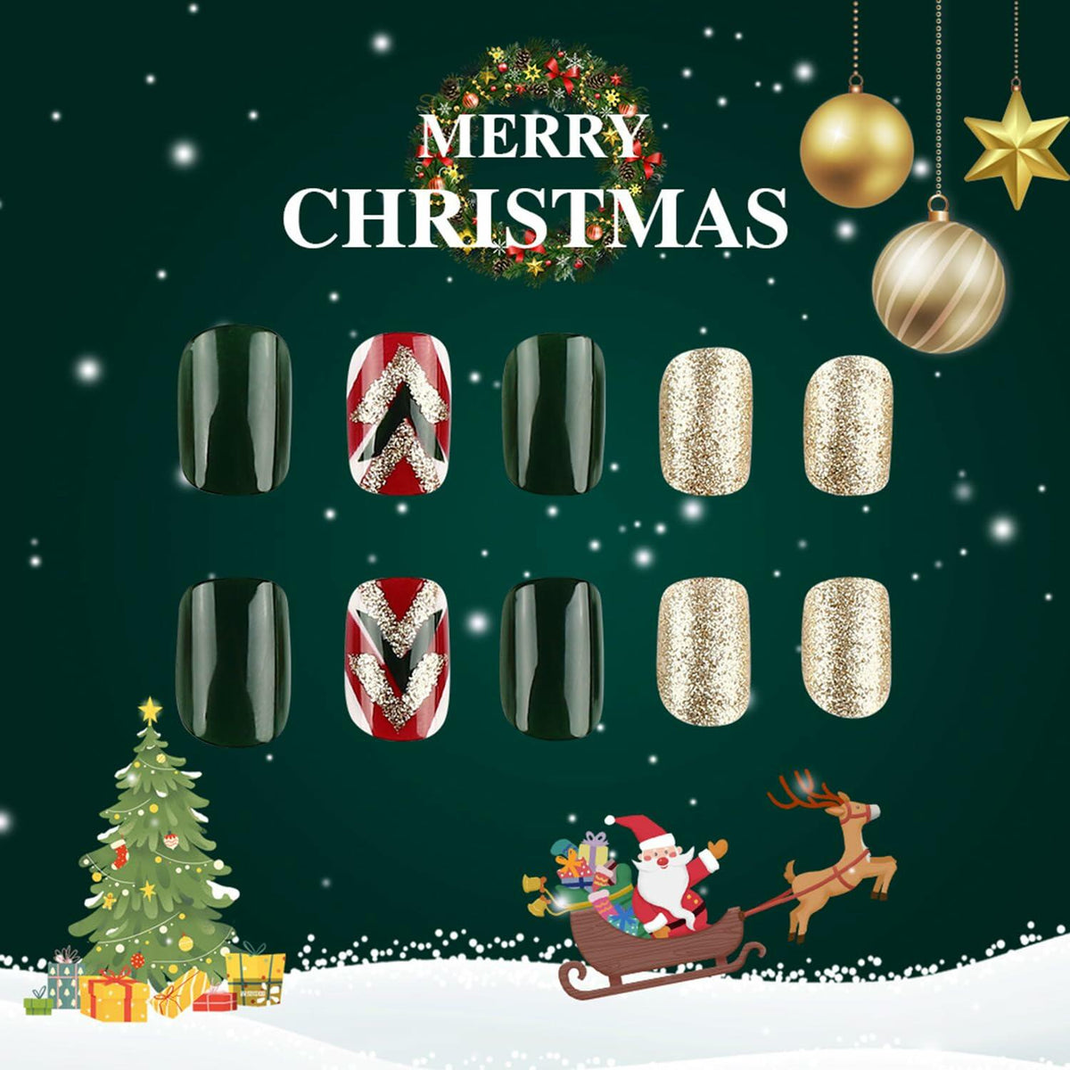 WLGDLH 24 piezas de uñas postizas cuadradas de color verde oscuro con purpurina para Navidad