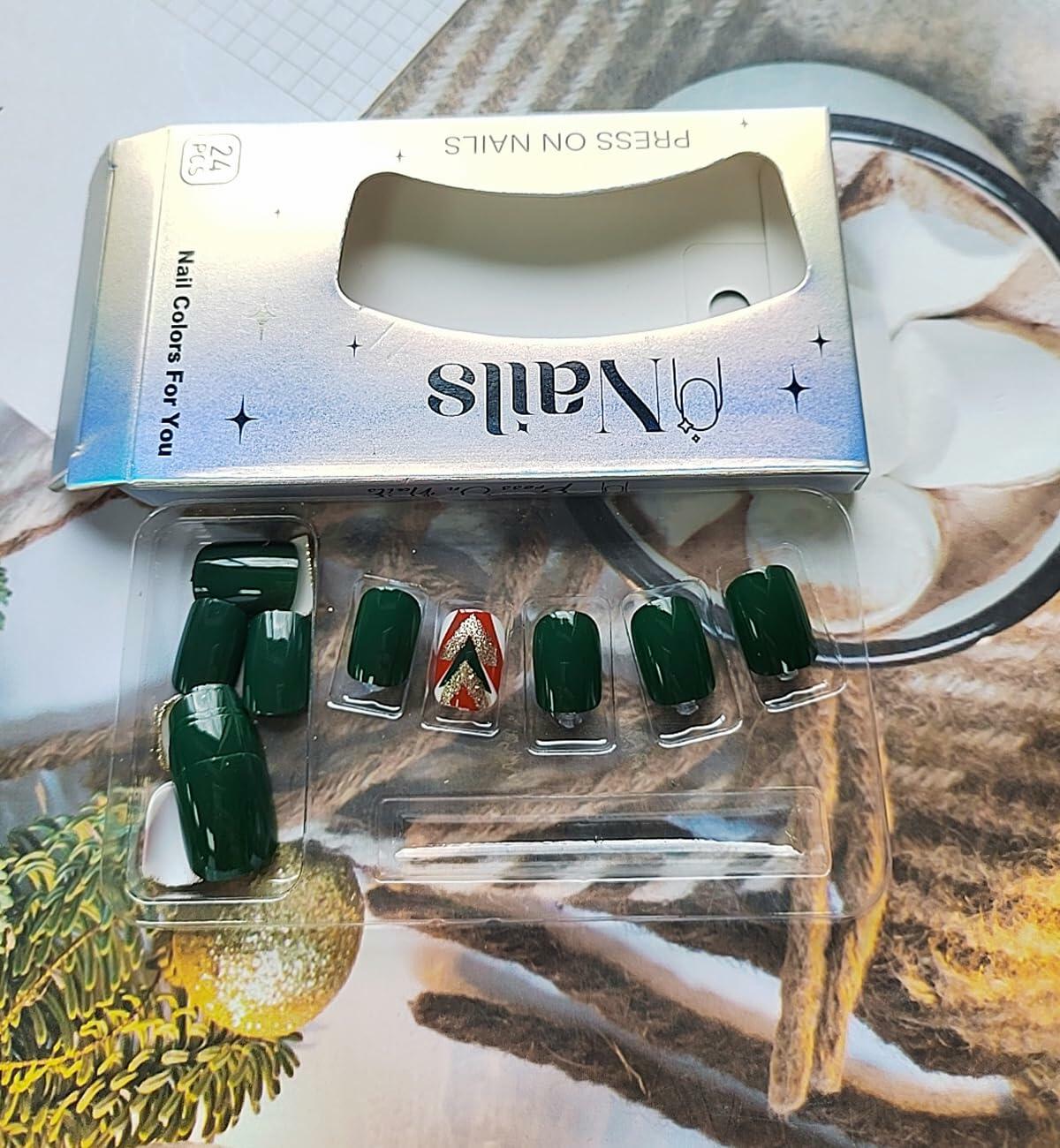 WLGDLH 24 piezas de uñas postizas cuadradas de color verde oscuro con purpurina para Navidad