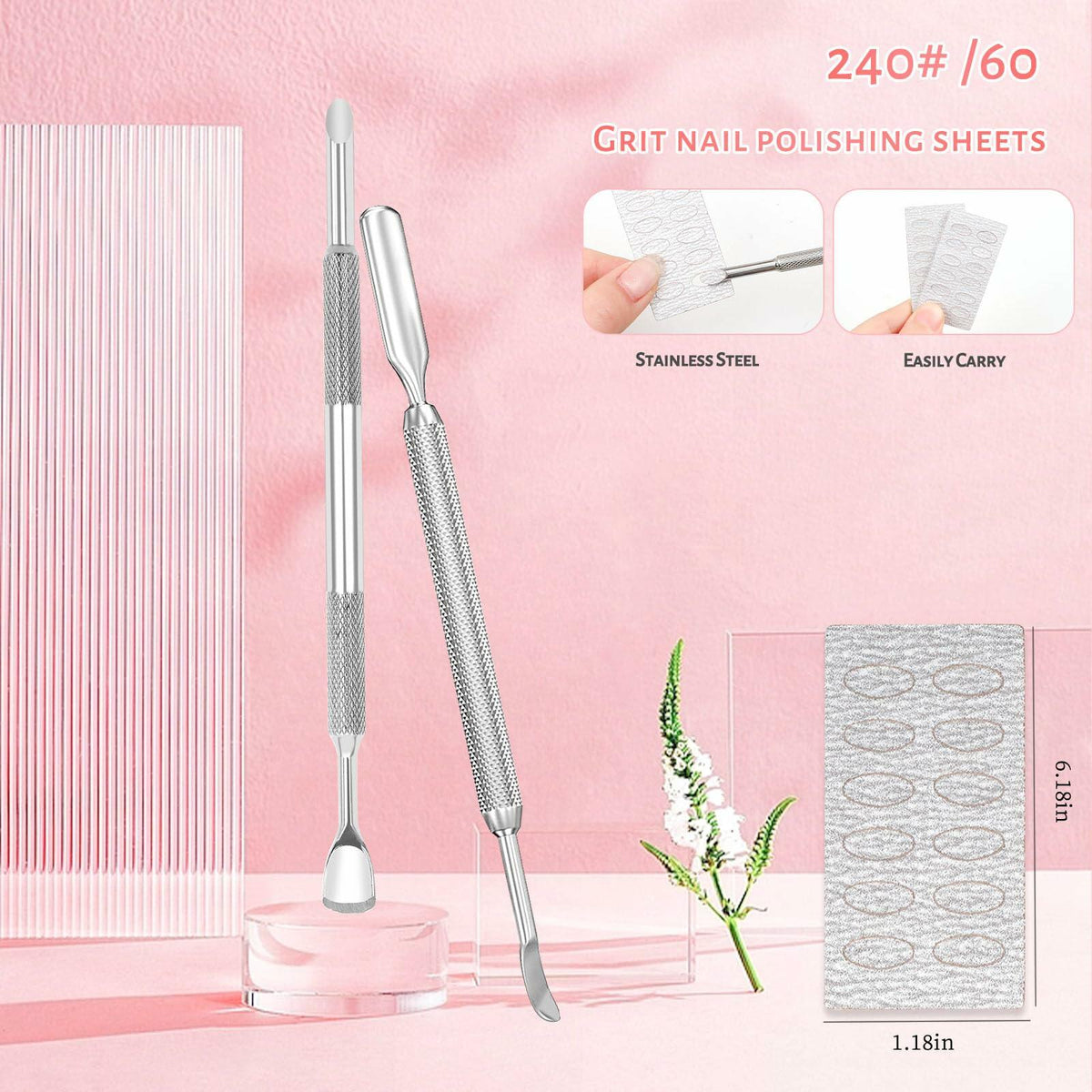 Kit de 2 empujadores de cutícula y 60 limas de pulido para uñas BOMOQING, color plateado