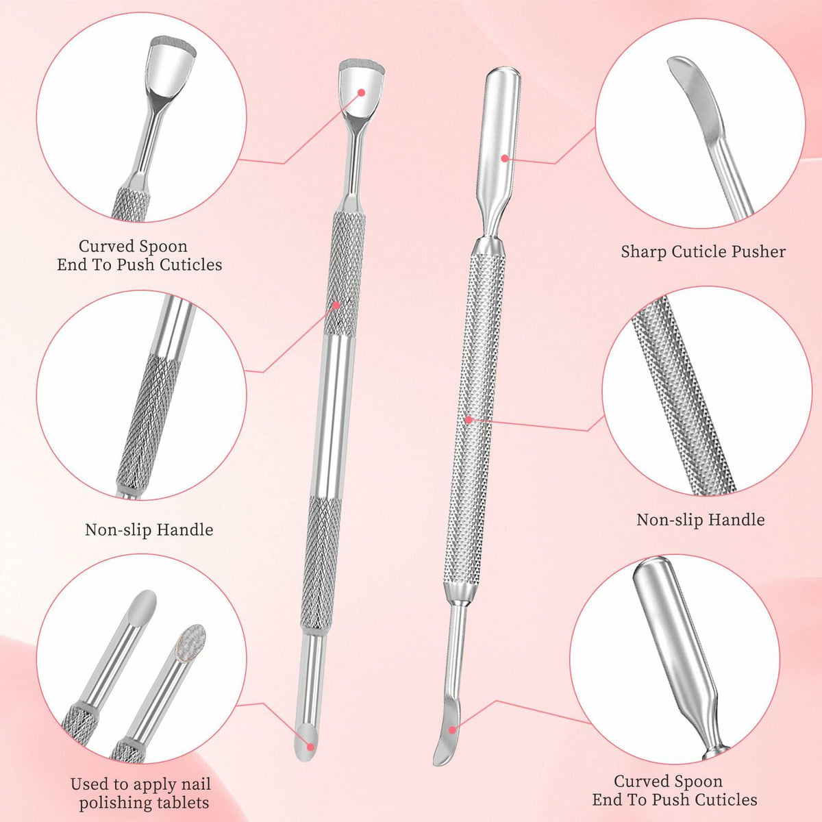 Kit de 2 empujadores de cutícula y 60 limas de pulido para uñas BOMOQING, color plateado