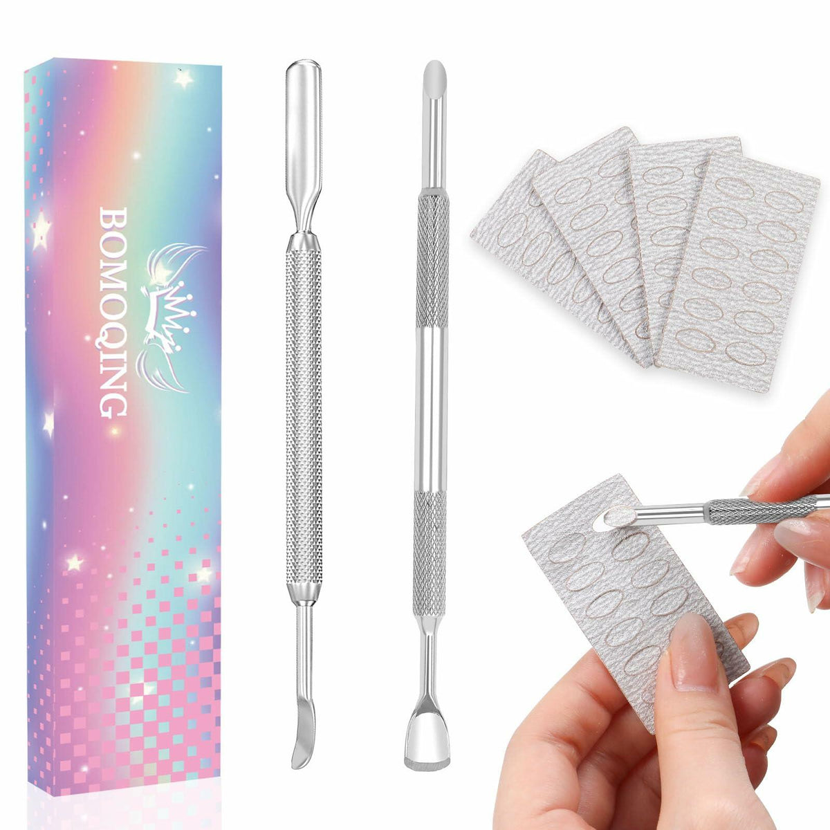 Kit de 2 empujadores de cutícula y 60 limas de pulido para uñas BOMOQING, color plateado