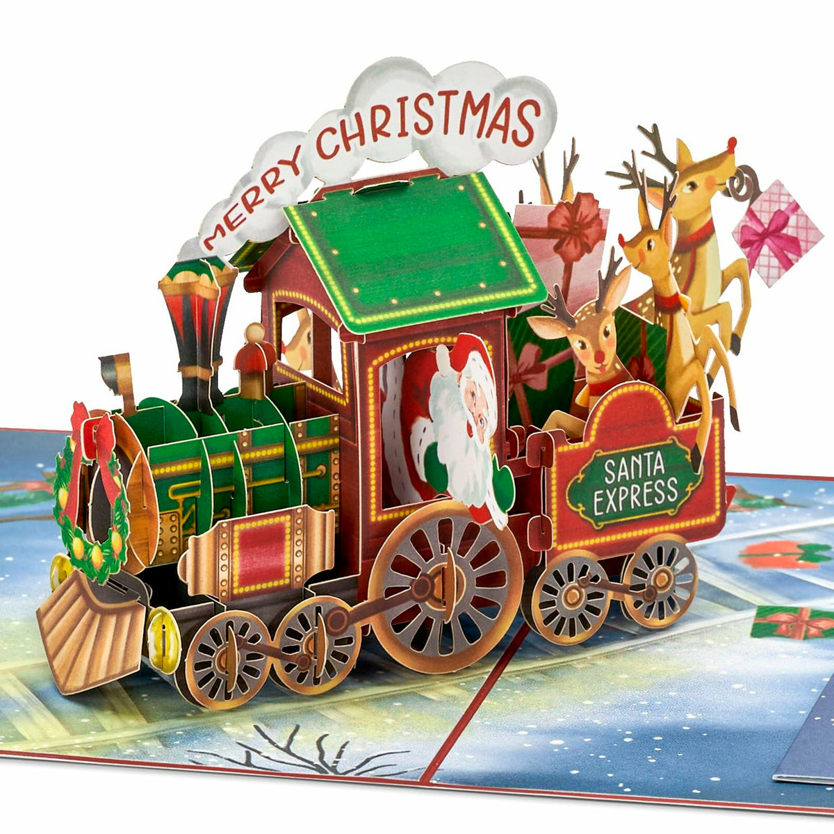 Tarjeta desplegable 3D de tren de pan de jengibre navideño POPWOW de 5x7 con sobre