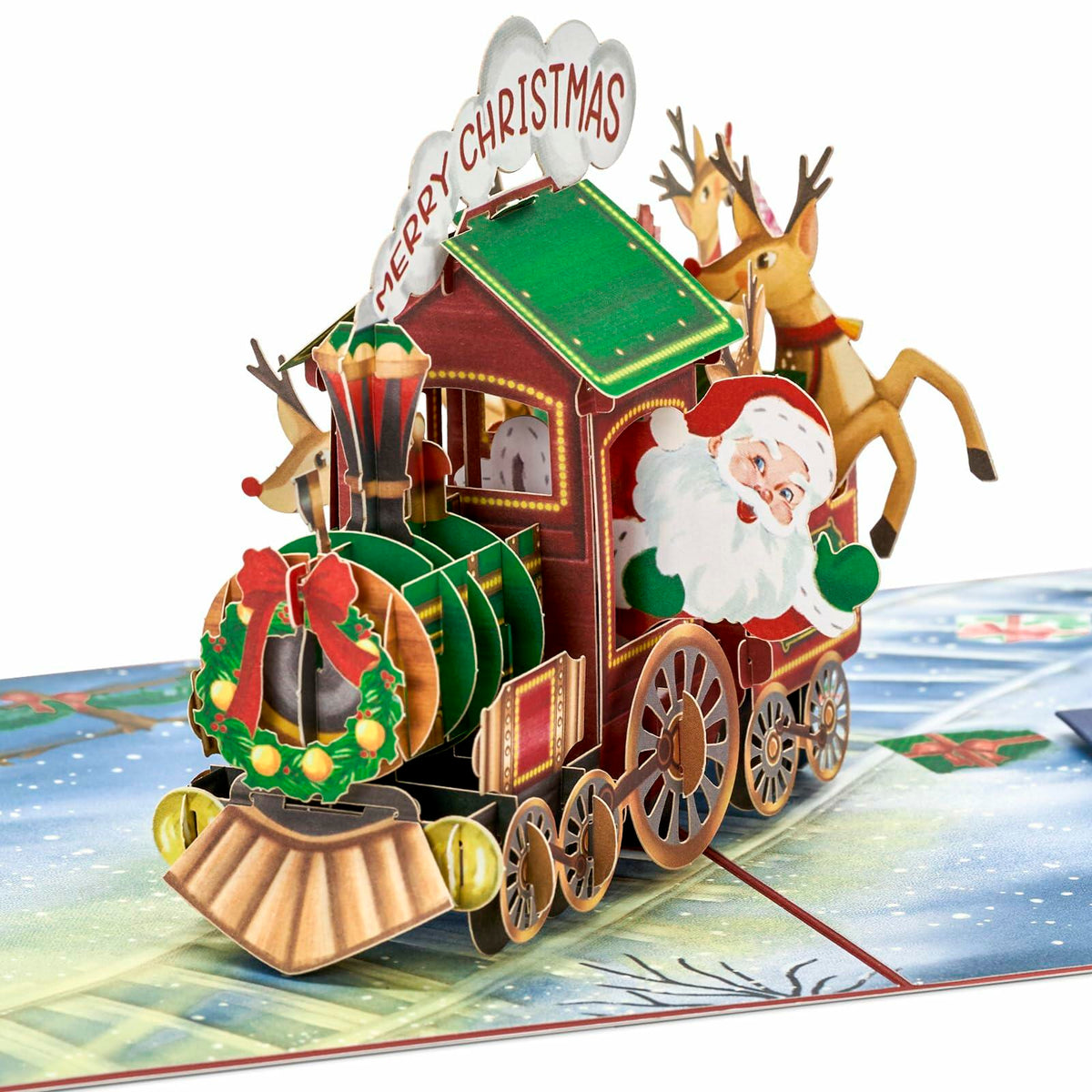 Tarjeta desplegable 3D de tren de pan de jengibre navideño POPWOW de 5x7 con sobre