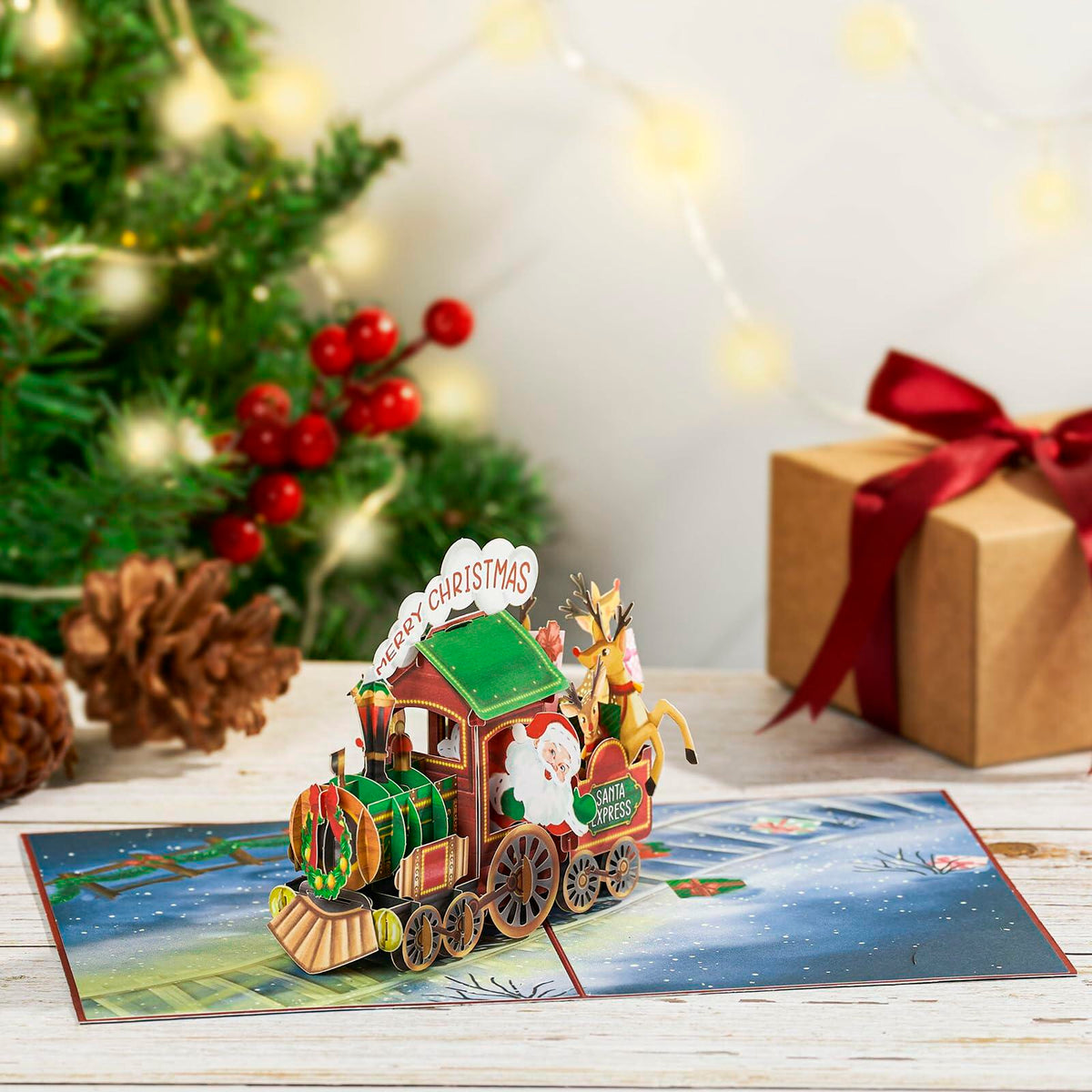 Tarjeta desplegable 3D de tren de pan de jengibre navideño POPWOW de 5x7 con sobre