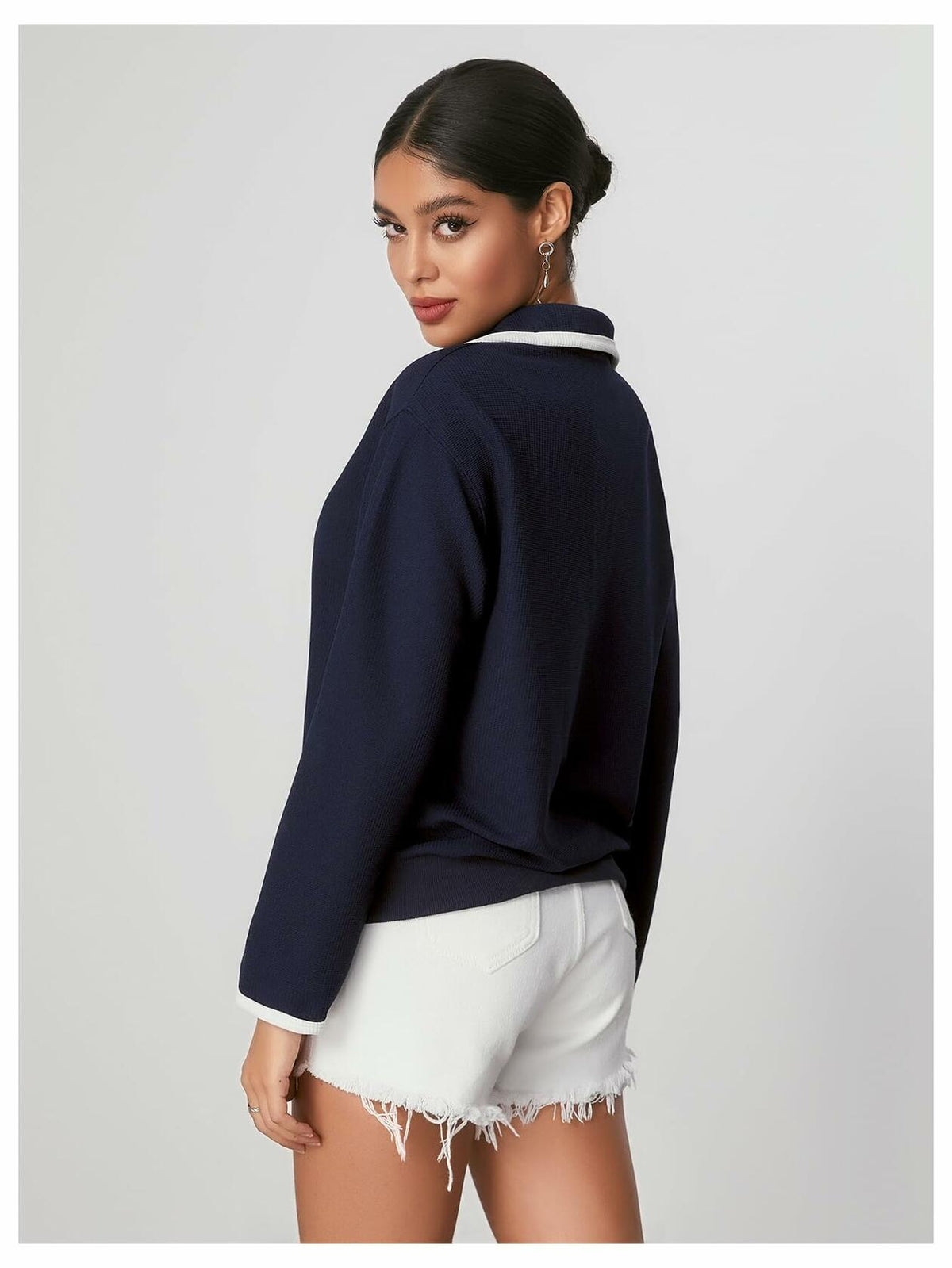 Sudadera WDIRARA de cuello en V con estampado de letras para mujer, azul marino, talla S