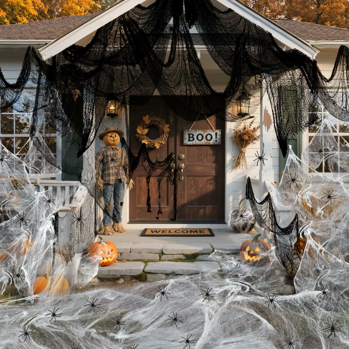 PinCute - Decoraciones de Halloween, paquete de 5 telas espeluznantes de 30x72 pulgadas, telaraña negra