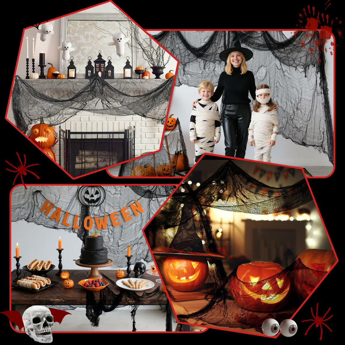 PinCute - Decoraciones de Halloween, paquete de 5 telas espeluznantes de 30x72 pulgadas, telaraña negra