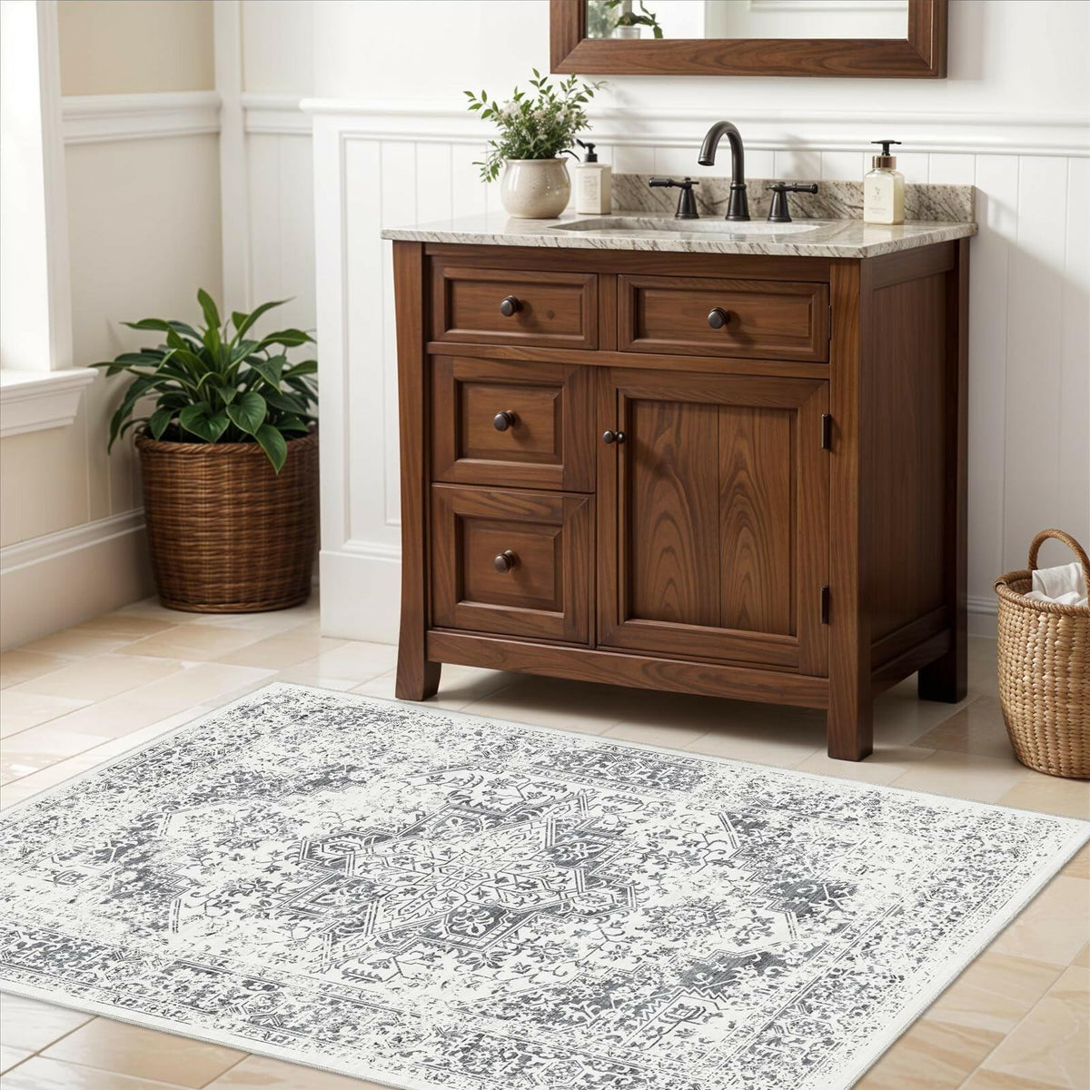 PureCozy 3x5 Taupe Vintage Floral Washable Low Pile Area Rug Classic