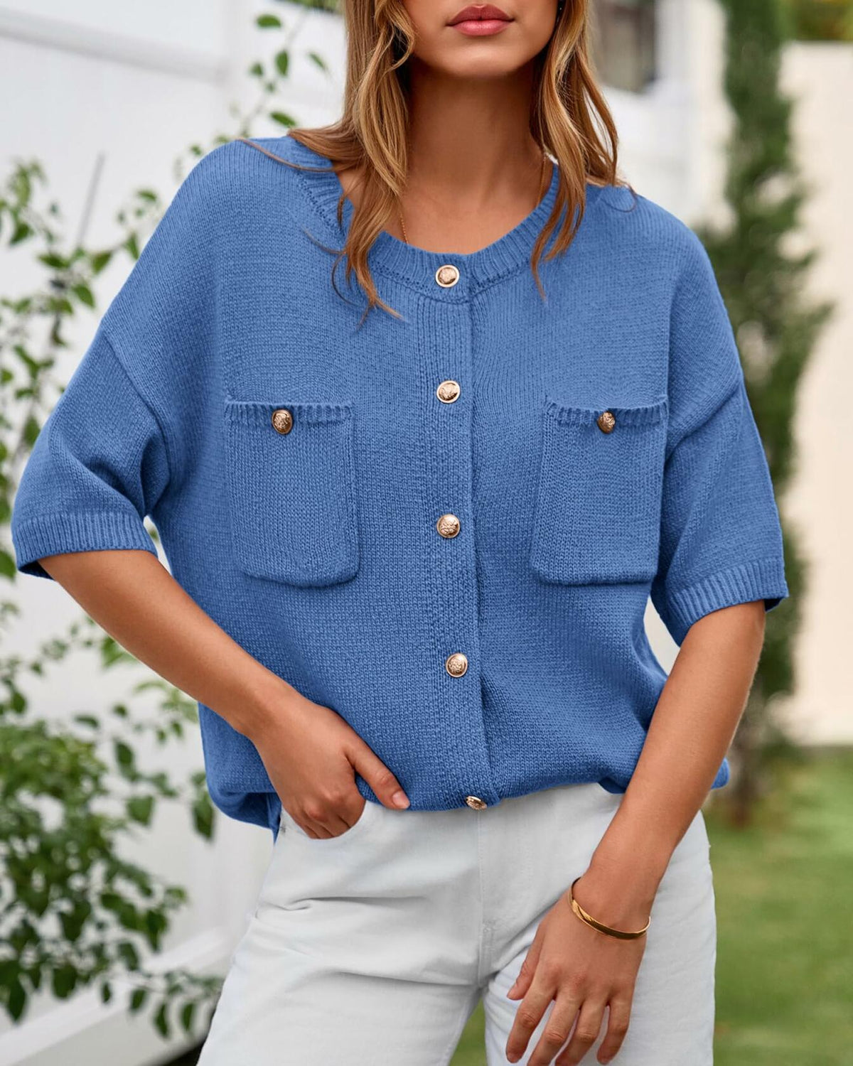 Cárdigan de punto con botones y manga corta para mujer BTFBM, color azul, talla S