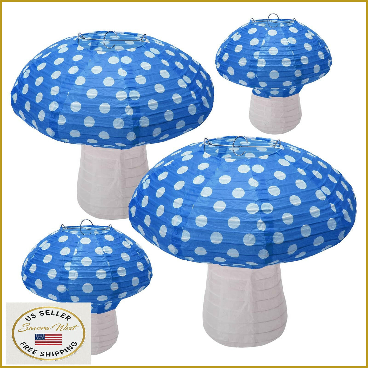 Lotus Mann Set de 3 farolillos de papel grandes en forma de seta color azul marino para decoración rústica de cumpleaños