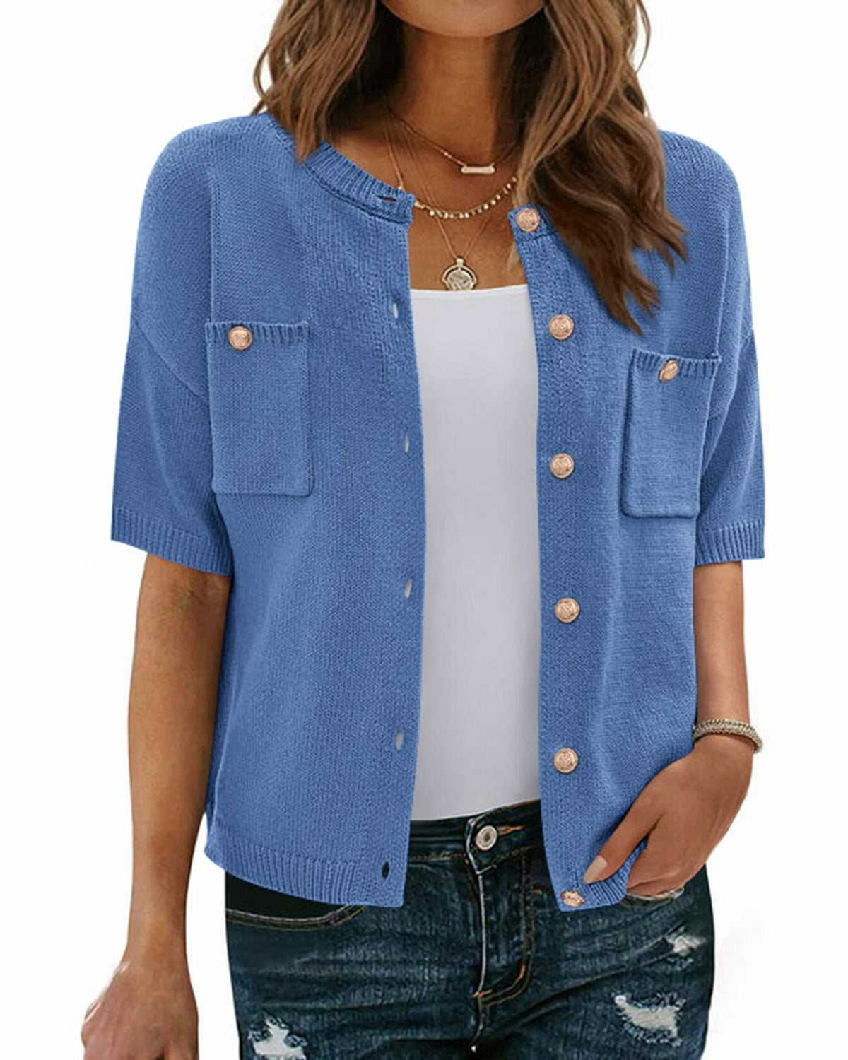 Cárdigan de punto con botones y manga corta para mujer BTFBM, color azul, talla S