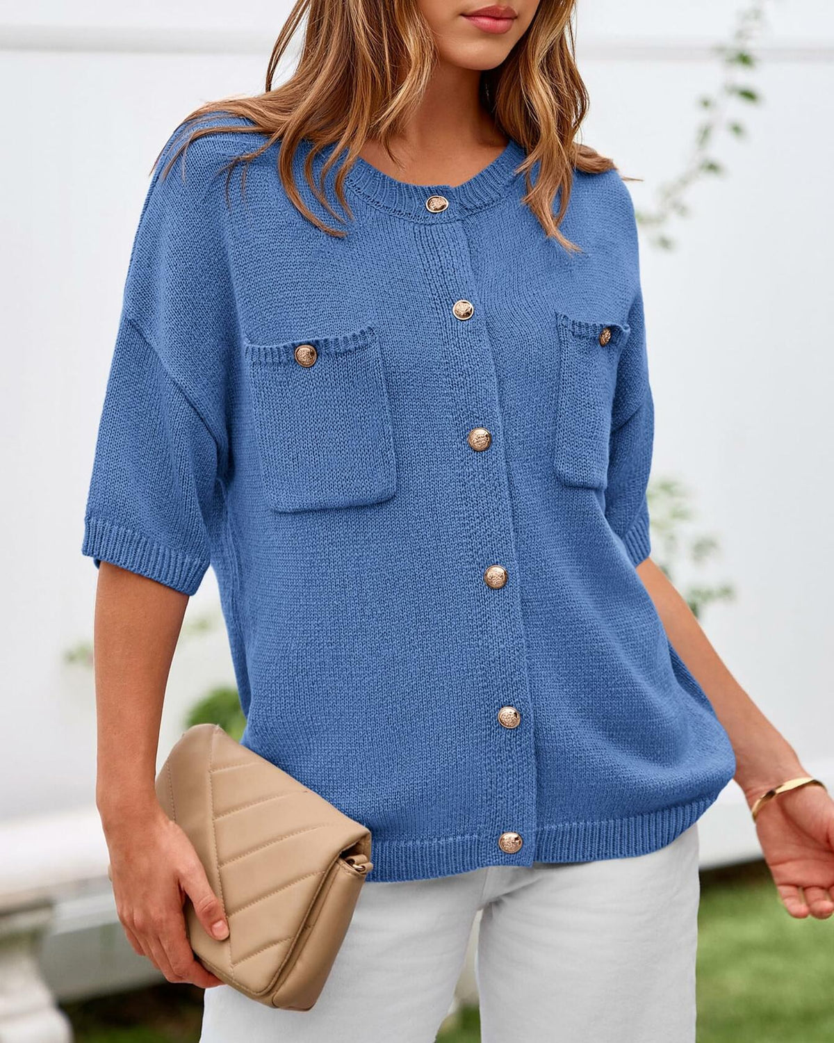 Cárdigan de punto con botones y manga corta para mujer BTFBM, color azul, talla S