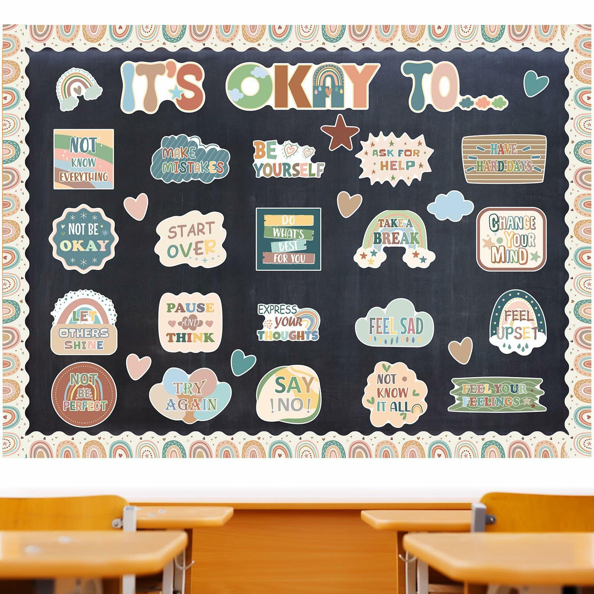 Set de decoración para tablero de anuncios motivacional «Estación de afirmaciones» de 65 piezas, estilo groovy, de Weekgrat