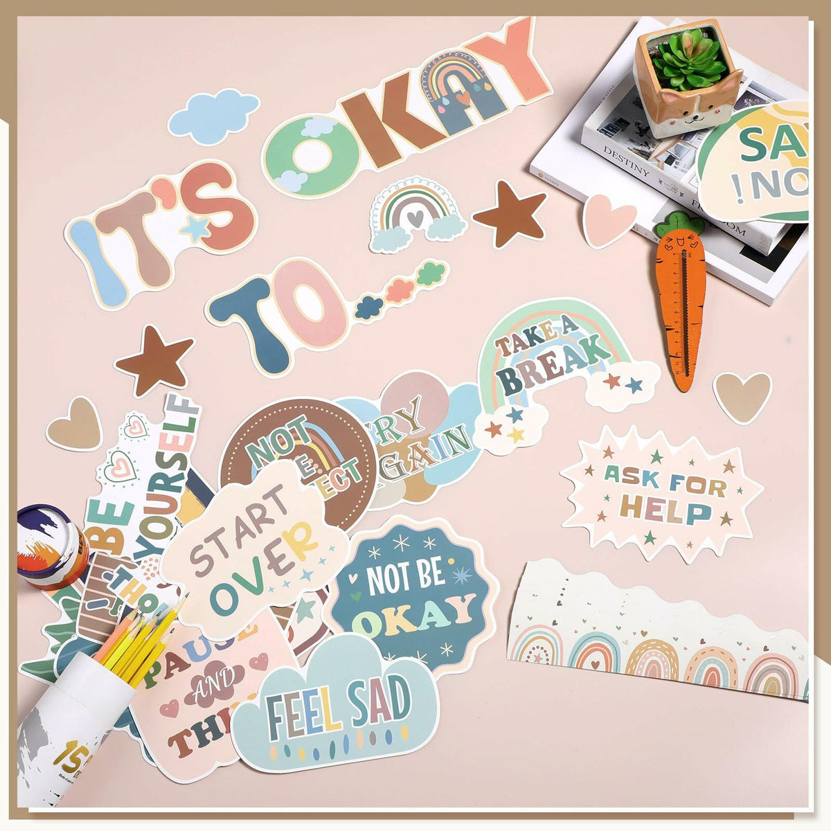 Set de decoración para tablero de anuncios motivacional «Estación de afirmaciones» de 65 piezas, estilo groovy, de Weekgrat