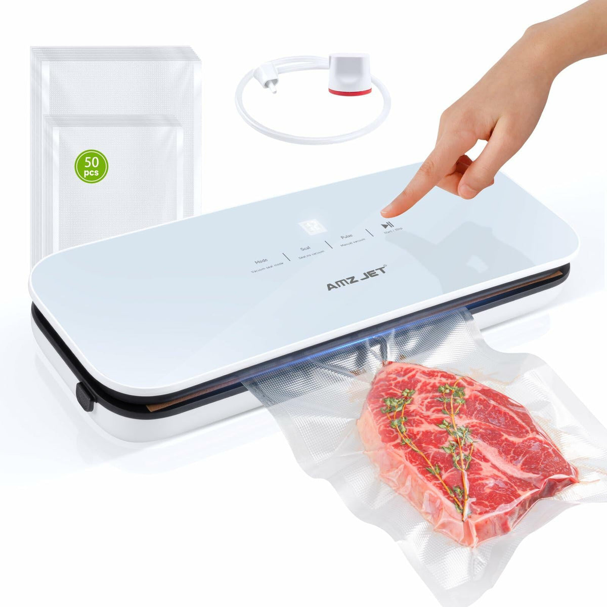 Envasadora al vacío Amz Jet para alimentos, digital con pantalla táctil LED, color blanco, incluye 50 bolsas
