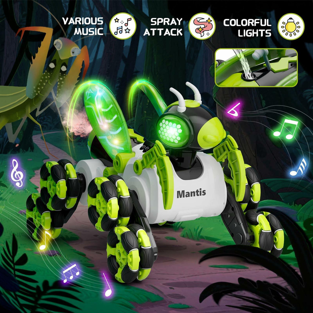 Coche RC de deriva Terucle 8WD mantis biónico, 2.4GHz, luces LED, música, spray, verde